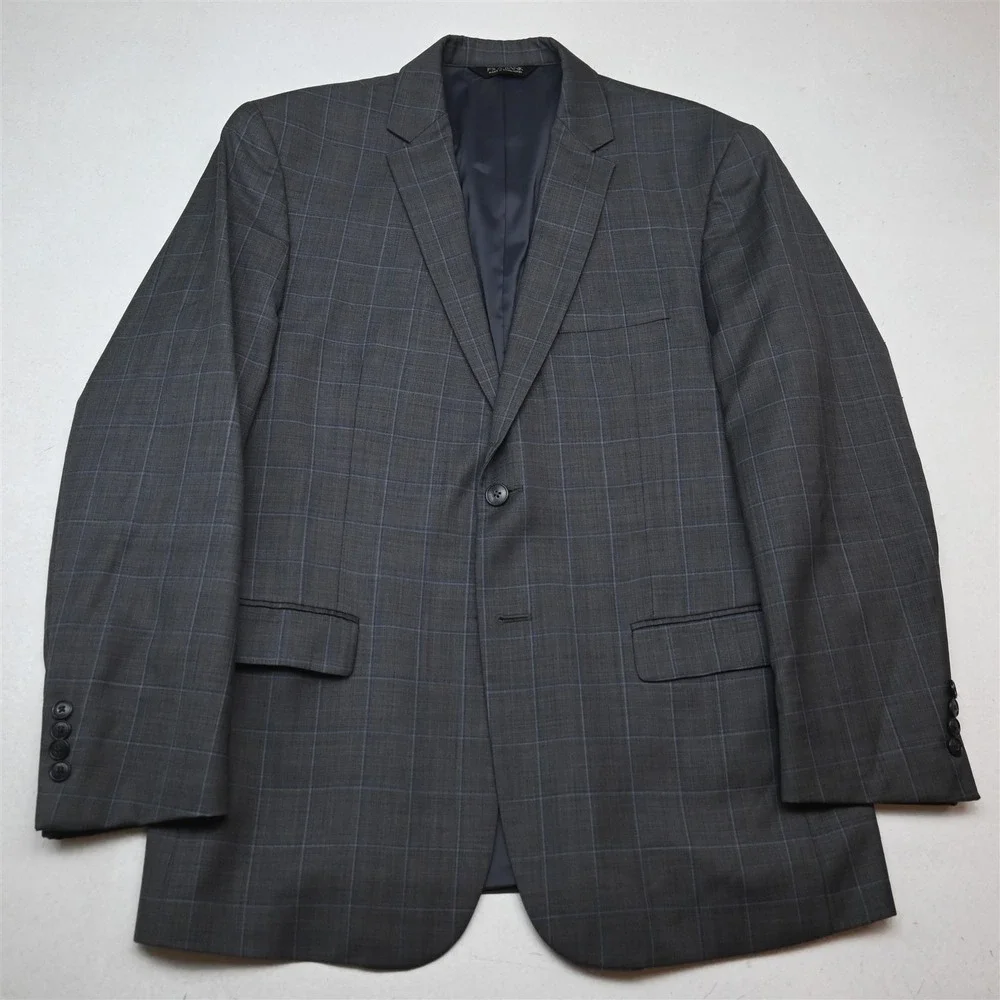 Jos A Bank 42R 32x32 Gray Windowpane 100% Wool Traveler Mens Jacket Pants Suit